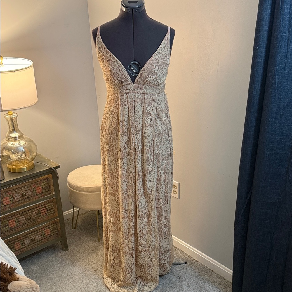 Lulu's Elegant Tan Lace Maxi Dress